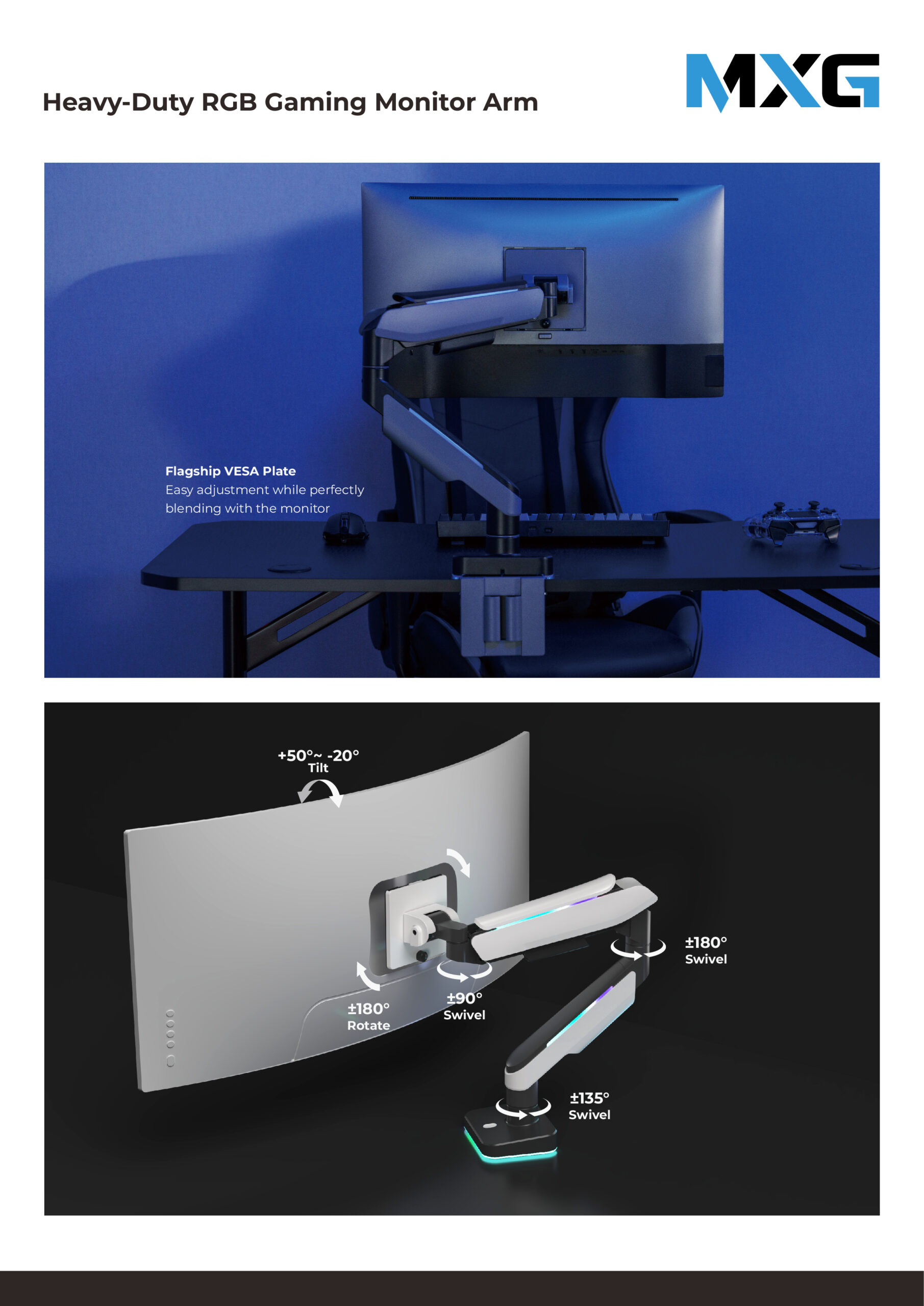 MXG HMA-12R Heavy Duty RGB Gaming Monitor Arm Matte Gray
